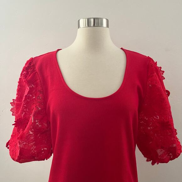 Anthropologie Dolan Puff Sleeve Top Ribbed Lace Floral Appliqué Red Large NWOT - Picture 4 of 10
